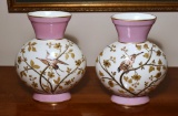 Pair of Antique 19th C. Hand Painted & Gilded Porcelain Stork Vases