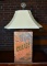 Upcycled Antique Tin Litho Red & Gold Coffee Can Table Lamp, Ivory Shade, Ship Finial