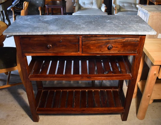 Rustic Style Galvanized Metal Top Kitchen Island, 2 Drawers, 2 Shelves