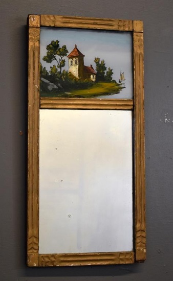 Antique Wall Mirror, Reverse Painted Landscape