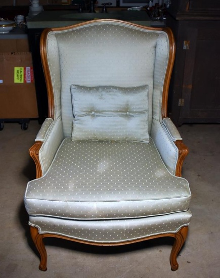 Vintage Grey-Green Upholstered Cherry Wingback Arm Chair (MATCHES LOT 72)