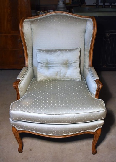 Vintage Grey-Green Upholstered Cherry Wingback Arm Chair (MATCHES LOT 73)