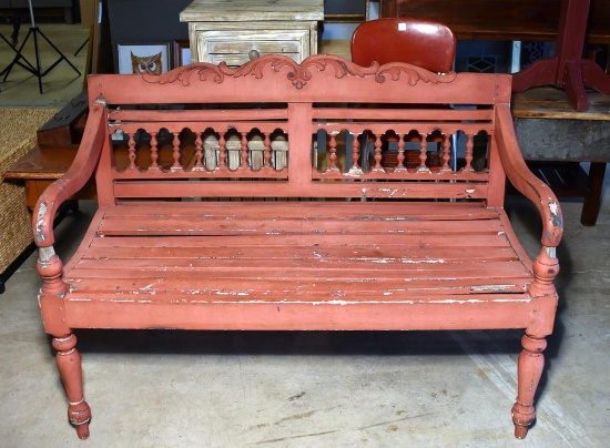 Rustic Red Painted Wooden Bench with Filigree and Spindle Back