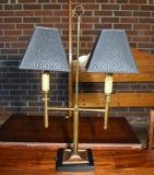 Fine Brass & Wood Partner's Desk Lamp, Black Shades & Metal Base