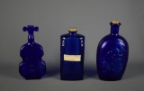 Lot of 3 Collectible Cobalt Blue Glass Bottles, Fiddle, Brown's Pharmacy, US Eagle