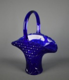 Vintage Cobalt Blue Daisy & Button Pressed Glass “Flower Basket” Fan Vase