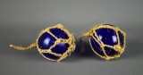 Set of 2 Cobalt Blue Glass Fishing Floats Balls with Twine Netting