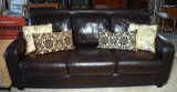 Contemporary Dark Coffee Brown Leather Sofa, 4 Coordinating Down-Filled Pillows