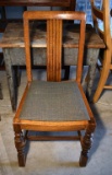 Vintage Oak Side Dining Chair, Solid Back Splat, Upholstered Seat