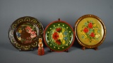 Lot of 4 Tole Painted Wood Decor Items, 3 Plates, 1 Wooden Doll