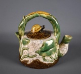 Unique Decorative Pottery Teapot, w/ Crackle Finish, Leaves, Sculptural Turtle