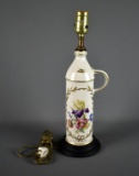 Vintage Ceramic Lamp w/Handle & Painted Flower / Gilt Details, No Shade