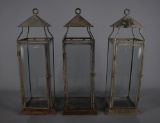 Set of 3 Rustic Style Glass & Metal Candle Lanterns w/ Beveled Glass