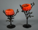 Set of 2 Sculptural Metal Flower Pillar Candle Holders