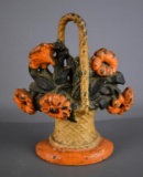 Antique Cold Painted Cast Iron Door Stop, Basket of Flowers