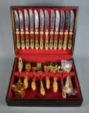 Set of Estia “Golden Cascade” Flatware Set & Storage Case, 24K Gold Electroplate