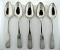 Set of 5 Antique Fiddlehead Coin Silver Serving Spoons, Double Eagle & “TF” Hallmarks, 239 G Coin