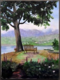 Judy Dunlap Stogner (So. Car., -2013), Bench by Water, Acrylic on Canvas, Signed Lower Right