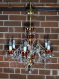 Fabulous Tomia Bohemian Glass 6 Arm Chandelier, Gilt Trimmed Ruby Glass, Cut Glass Prisms All Intact