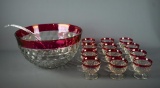 Vintage Fostoria American Lady Punch Set, Cranberry Flashed Rims, 14 Pieces Includes Glass Ladle