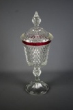 Large Diamond Point Cranberry Flashed 15” Lidded Compote, Hexagonal Base