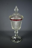 Large Diamond Point Cranberry Flashed 15” Lidded Compote, Round Base