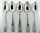 Set of 5 Antique Fiddlehead Coin Silver Serving Spoons, Double Eagle & “TF” Hallmarks, 239 G Coin