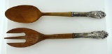 Antique Wooden Salad Fork & Spoon With Sterling Silver Handles