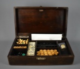 Antique Abercrombie & Fitch Co., NY Wooden Box with Vintage Game Pieces (Chess, Checkers, Dominoes)