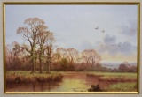 Ducks Flying Over Marsh, Large Framed Decorator Canvas Art Print