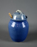 Vintage John Gorrou Pottery, Old Fort, NC Blue Honey Pot with Lid and Two Wooden Servers