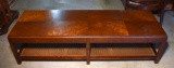 Vintage Mid-Century Walnut Two-Tiered Coffee Table, Caned Bottom Shelf, Bookmatched Top