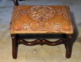 Antique 19th C. Carved Mahogany Footstool. Old Embroidered Upholstery, Nailhead Trim