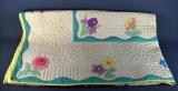 Antique Hand Stitched Blue, Yellow & White Flowers Quilt