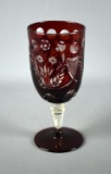 Vintage Bohemian Ruby Cut to Clear Footed Tumbler