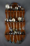 Lot of 19 Destination Souvenir Spoons (Silver Plate) and Wooden Display Rack