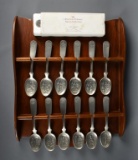 Complete Franklin Mint American Colonies Pewter Spoon Collection and Wooden Display Rack