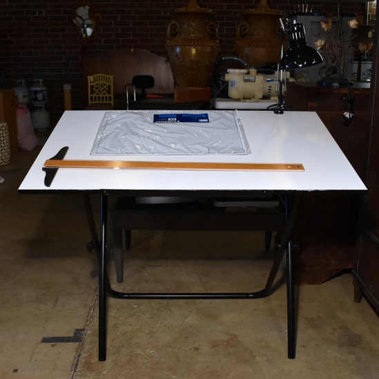 Architects Drafting Table with Lamp and T-Square, Vellum Sheets