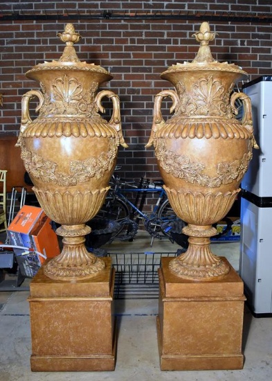 Pair of Stately Chelsea House Italianate Resin Urns on Bases