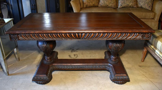 Magnificent Contemporary Oak Trestle Table with Acanthus Leaf Pedestals, Ribbed Bun Feet
