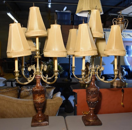 Pair of Magnificent Candleabra 5-Light Pier Lamps with Brown Marble Bases