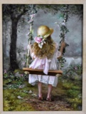 Framed Oil Painting by L. Roy, Back View of a Little Girl On Swing