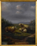 Framed Oil Painting by T. Reynolds, Sheep with Lambs