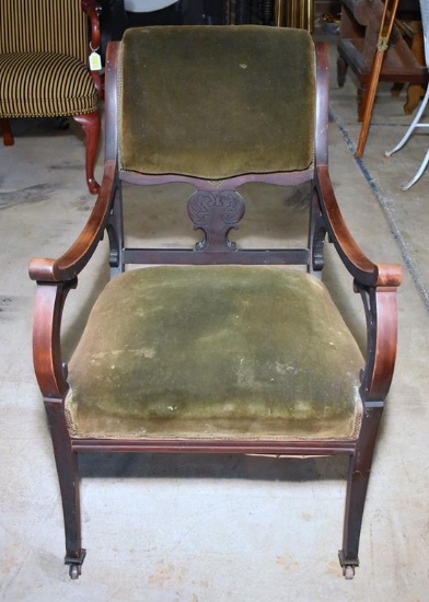 Antique Armchair with Caster Front Feet, Old Upholstery, Lots 21 & 22 Match