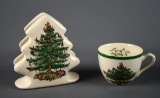 Spode England Christmas Tree Napkin Holder with Original Box & Teacup