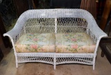 Vintage White Wicker Loveseat / Settee with Seat Cushions