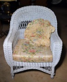 Vintage White Wicker Armchair with Seat Cushion & Pillow