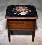 Antique Oak Shoe Shine Box with Footrest & Embroidery Top