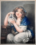 Early 20th C. Color Mezzotint, after J. Greuze “Girl with Doves” by S. Wilson