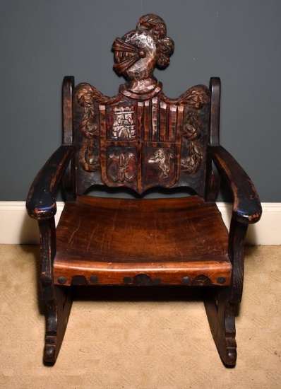 Antique Arts & Crafts Carved Oak Knights Head Rocker with Leather Seat